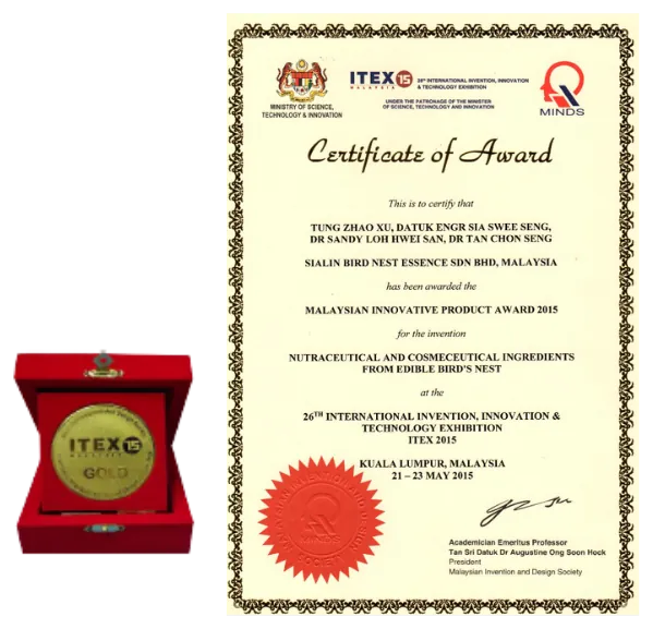 ITEX 2015 gold medal and Malaysian Innovative Product Award certificate